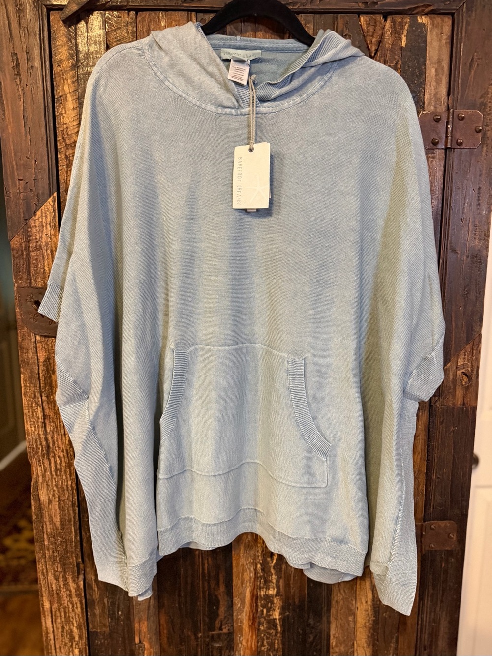 Barefoot Dreams One Size Blue Cotton Hooded Poncho oversized Sweater Cape NWT